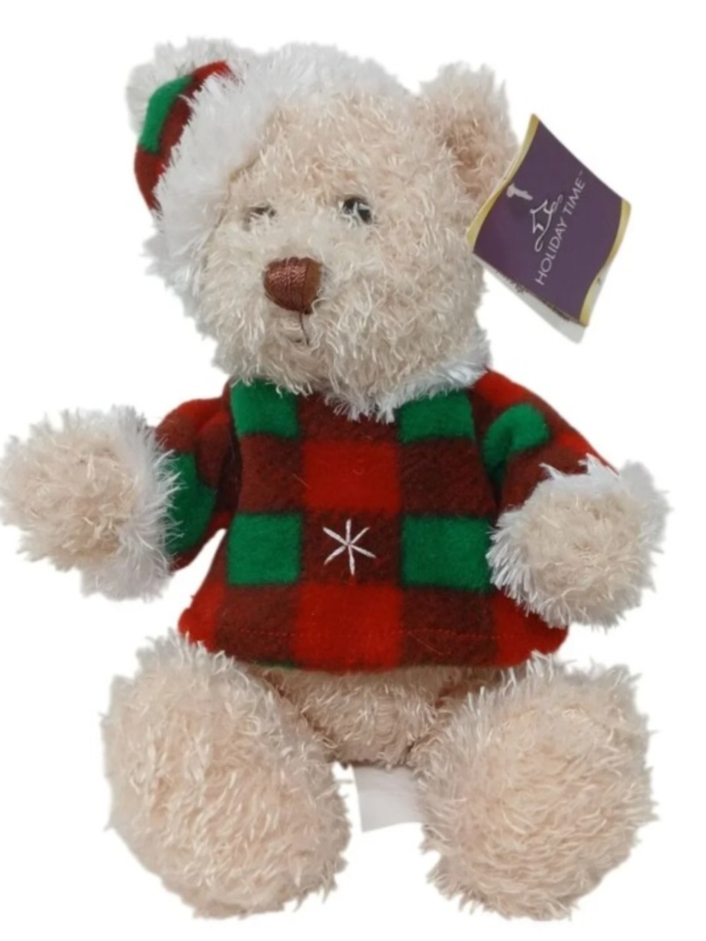 Holiday Time Plush Bear in Cream with Red & Green Plaid Sweater